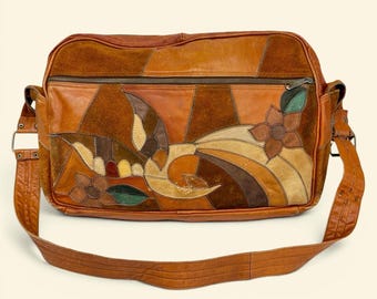 Vintage Patchwork Messenger Bag Retro 1970s Bohemian + Brown Leather and Suede + Floral and Bird Appliqué + Shoulder Strap + Overnight Bag