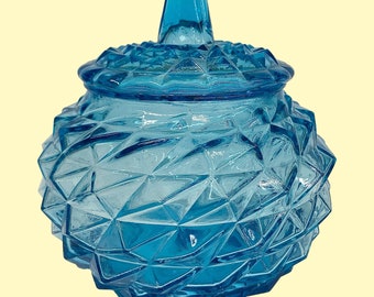 Vintage Covered Candy Dish Retro 1960s Mid Century Moden + Ucagco + Blue + Pressed Glass + Kitchen Storage + Bowl with Lid + Made in Italy