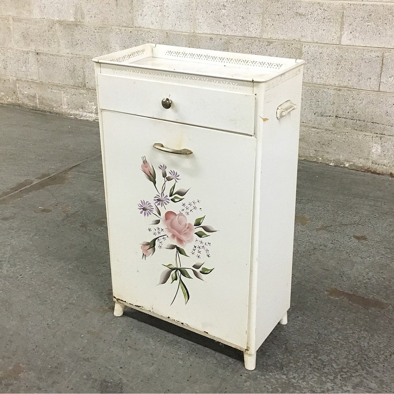 Faux Marble Top Mid Century Bedroom Home Decor Painted Floral Details Vintage Hamper Retro 1960s White Metal Clothes Hamper by Detecto