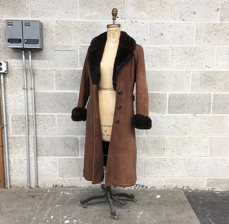 Tie Front Vintage Coat Retro 1970s Penny Lane Made In Spain Almost Famous Faux Fur Women/'s Apparel Cold Weather Suede