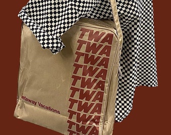 Vintage TWA Bag Retro 1970s Athletic + Airline Tote + Getaway Vacations + Beige + Burgundy + Vinyl + Travel Bag + Adjustable Shoulder Strap