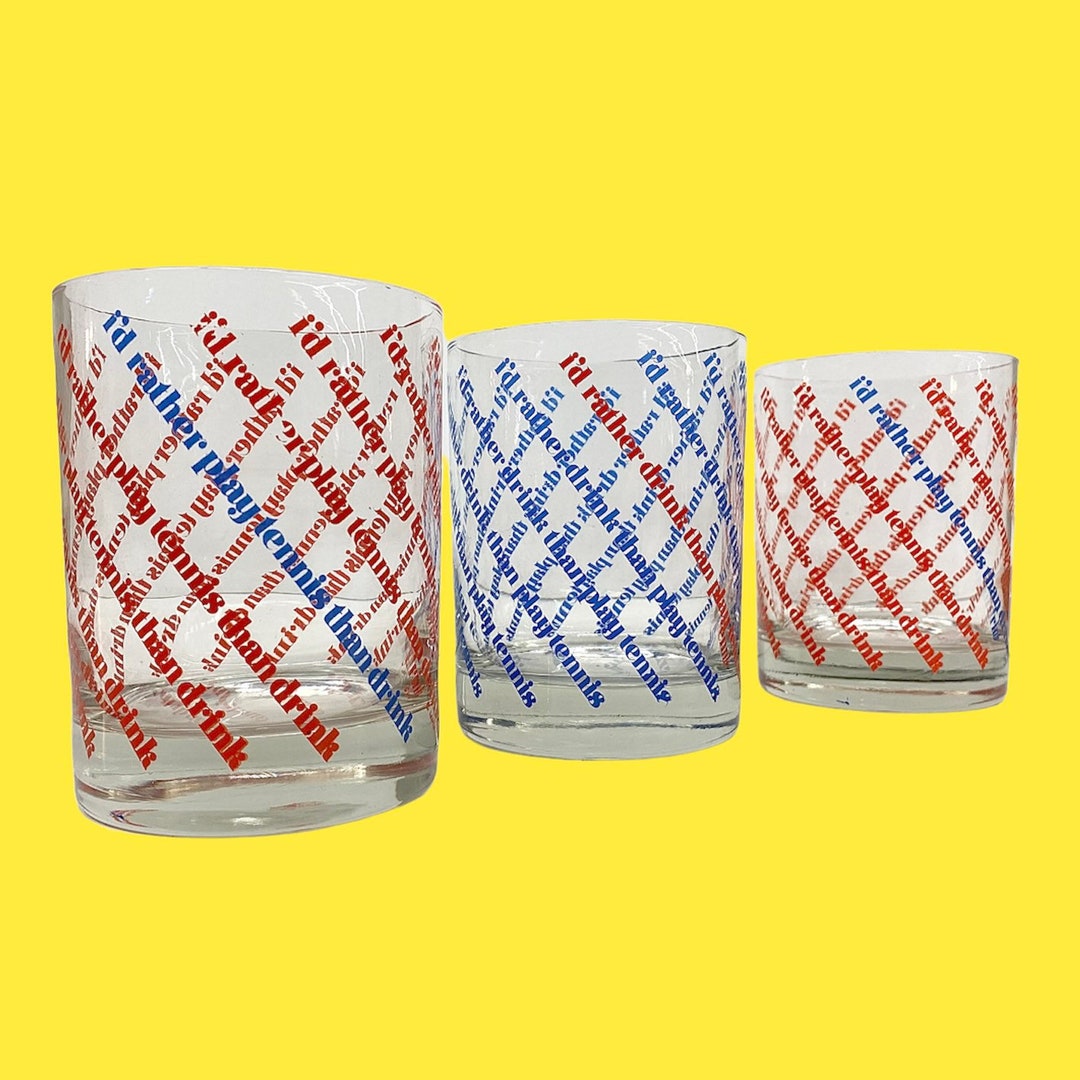 Vintage Whiskey Glasses Retro 1970s Mid Century Modern MPM I'd Rather Drink Than Play Tennis