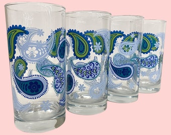 Vintage Crisa Drinking Glasses Retro 1980s Bohemian + Libbey + Clear Glass + Blue/Green Paisley + Set of 4 + Water Tumblers + Kitchen Drink