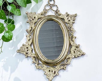 Vintage Brass Hanging Mirror Retro 1960s Hollywood Regency + Gold Metal + Filigree Pattern + Oval Shape + Ornate Home Decor + Gallery Wall