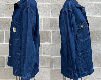 Vintage Carhartt Chore Coat Retro 1970s Blue Denim + Size 40