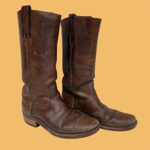 Vintage Frye Boots Retro 1970s Mens + Black Label + Size 9 + Campus + Cowboy + Rodeo + Western + Dark Brown + Leather + Pull On + Footwear