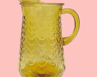 Vintage Glass Pitcher Retro 1970s Mid Century Modern + Libbey + Amber Color + Draped + Fish Scale + Serving Drinks + Kitchen or Bar + MCM
