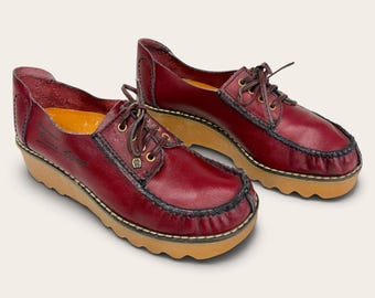 Vintage Etienne Aigner Creeper Wedge Shoes 1970s Retro Womens Size 6M + Burgundy Leather + Lace Up + 1.5" Rubber Soles