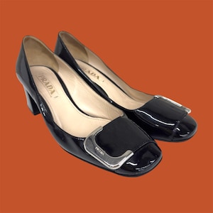 Vintage Prada Pumps Retro 2000s Black Patent Block Heel + Size 36 + Buckle Toe + Loafer Pumps + Designer + Heels + Womens Footwear