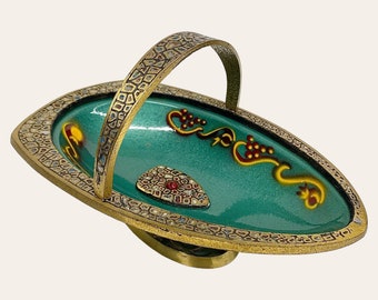 Vintage Brass and Enamel Bowl Retro 1960s Mid Century Modern + Judaica + Footed + Top Handle + Hand Painted + Storage + Made in Israel