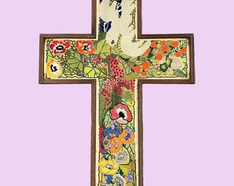 Vintage Religious Crewel 1970s Retro Size 25x18 Bohemian + Wood Cross + White Dove + Flowers + God + Embroidery + Handmade + Boho Wall Decor