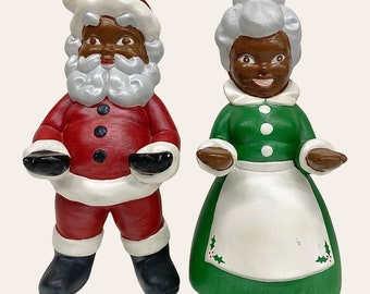 Vintage Black Santa and Mrs. Claus Statues Retro 1970s Mid Century Modern + Christmas Decor + Ceramic + Hand Painted + Set of 2 + Figurines