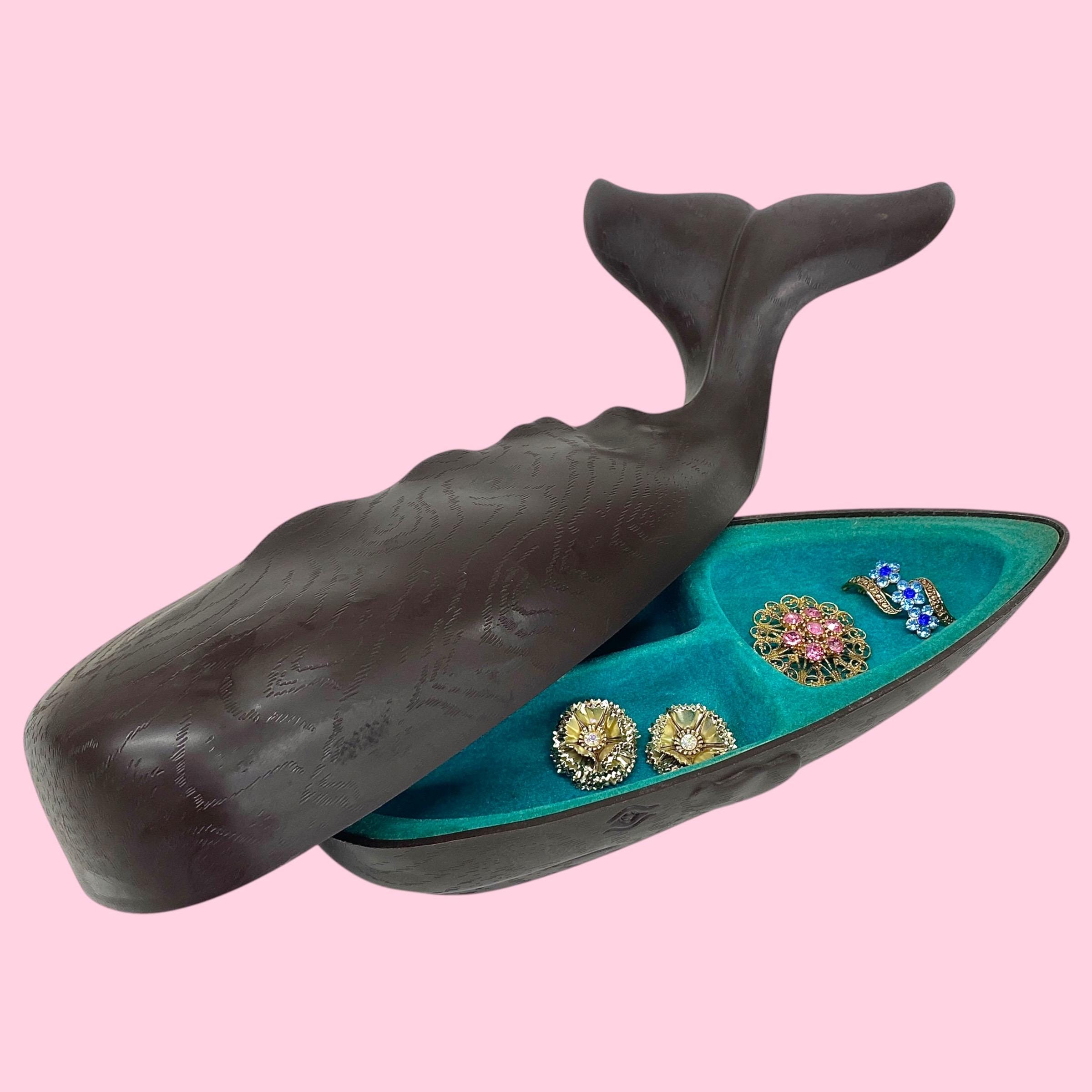 Vintage Avon Whale Organizer Retro 1970s Mid Century Modern + Jewelry Box + Brown Plastic + Turquoise + Divided Interior + MCM Storage Box