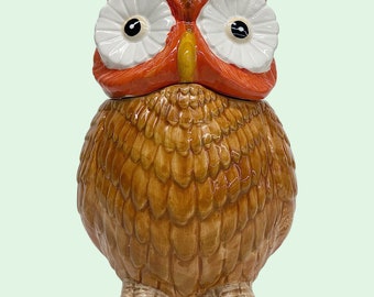 Vintage Owl Cookie Jar Retro 1970s Bohemian + Ceramic + Brown and Orange + Hand Painted + Kitchen Storage + Bird Decor + Boho Canister