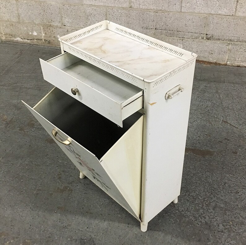 Faux Marble Top Mid Century Bedroom Home Decor Painted Floral Details Vintage Hamper Retro 1960s White Metal Clothes Hamper by Detecto