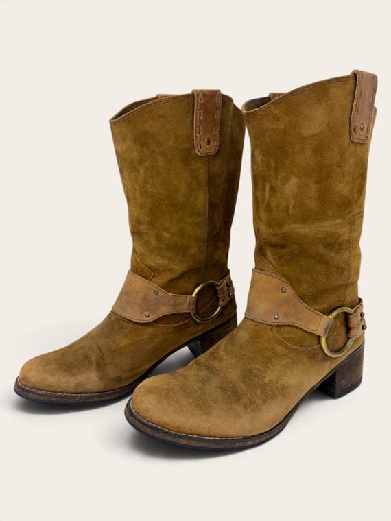 Johnston & Murphy, Vintage Johnston & Murphy Brown Suede Harness Boots 2000s Retro Womens Size 9M + Western + Gold Metal Hardware + 2" Stacked Heels + Pull-On