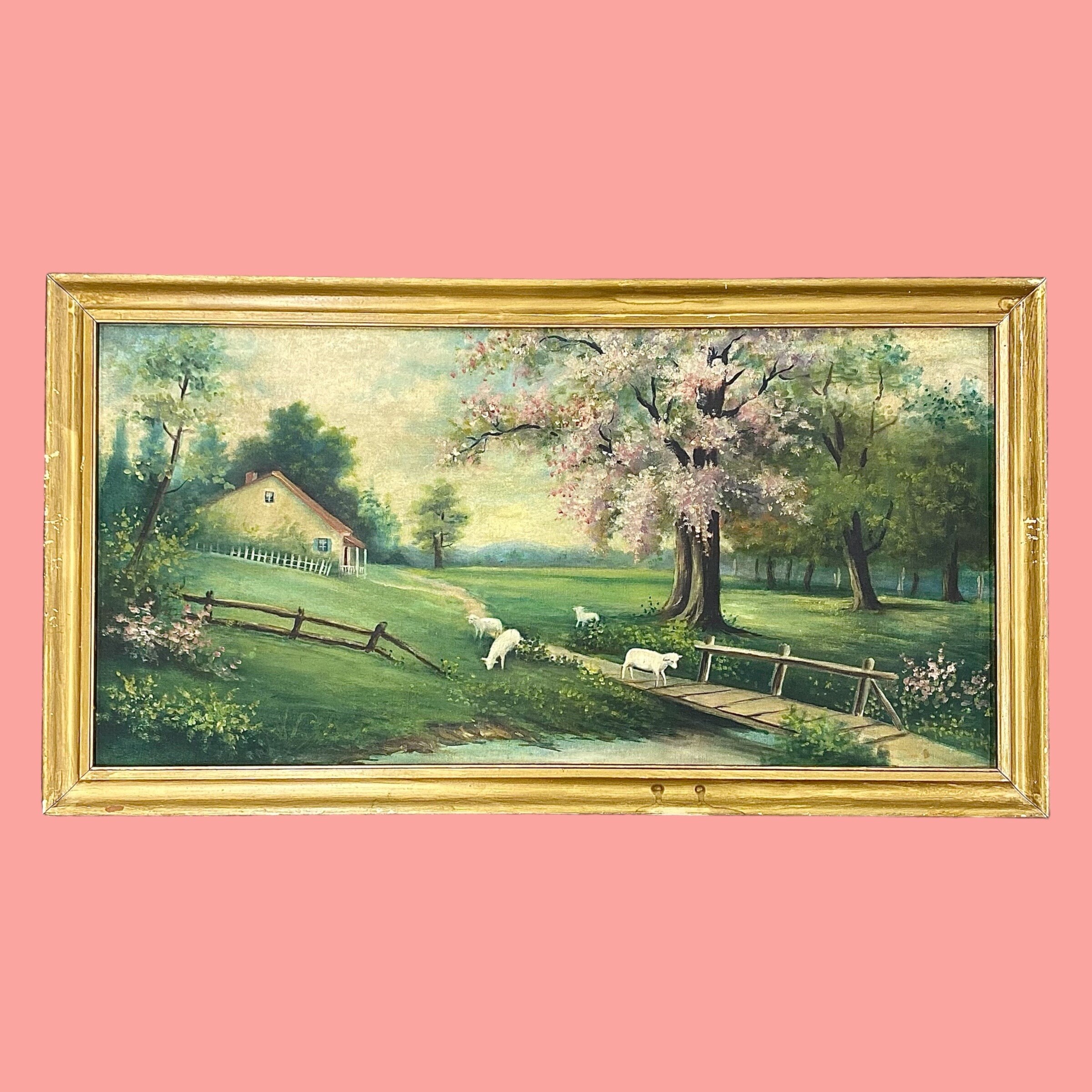 Vintage Farmhouse Painting 1960s Retro Size 18x33 Country + House