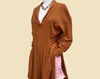 Túnica vintage Franco Orelli de los años 70, estilo retro para mujer + Sin talla + MOD + Punto naranja óxido + Jersey + Mangas murciélago + Puños ajustados + Aberturas laterales