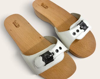 Vintage Dr. Scholl's Clog Sandal 2000s Preppy + Womens Size 7 + Original Collection + White Leather + Wood Soles + Slip On + Adjustable