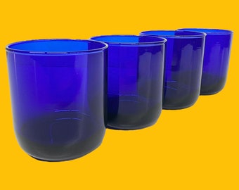 Vintage Drinking Glasses Retro 1990s Contemporary + Libbey Metropolitan + Cobalt Blue Glass + Set of 4 + Water or Juice Tumblers + Kitchen