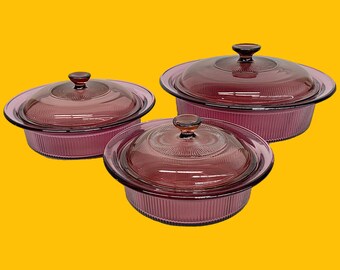 Vintage Vision Casseroles with Lids Retro 1980s Contemporary + Corning + Cranberry + Glass + 6 Pieces + Ribbed + Round + Non-Toxic Cookware