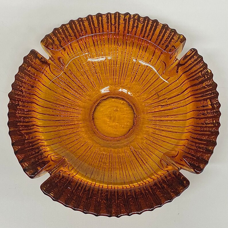 Vintage Blenko Ashtray 1960s Retro Size 9 D Mid Century Modern Amber Glass Sunburst Round Heavy Home Decor Catchall Storage image 4