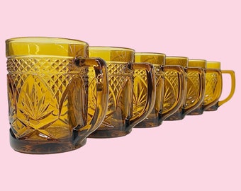 Vintage Arcoroc Glass Mugs Retro 1970s Mid Century Modern + Cristal D'Arques + Antique Amber + 10 oz. Set of 6 + Drinking + Kitchen + France