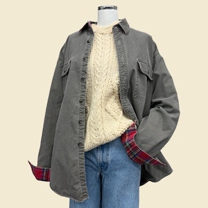 May include: A charcoal gray button-down shirt with long sleeves and a red, blue, and green plaid lining on the cuffs. The shirt is worn over a cream-colored cable knit sweater and light blue denim jeans, displayed on a mannequin torso.