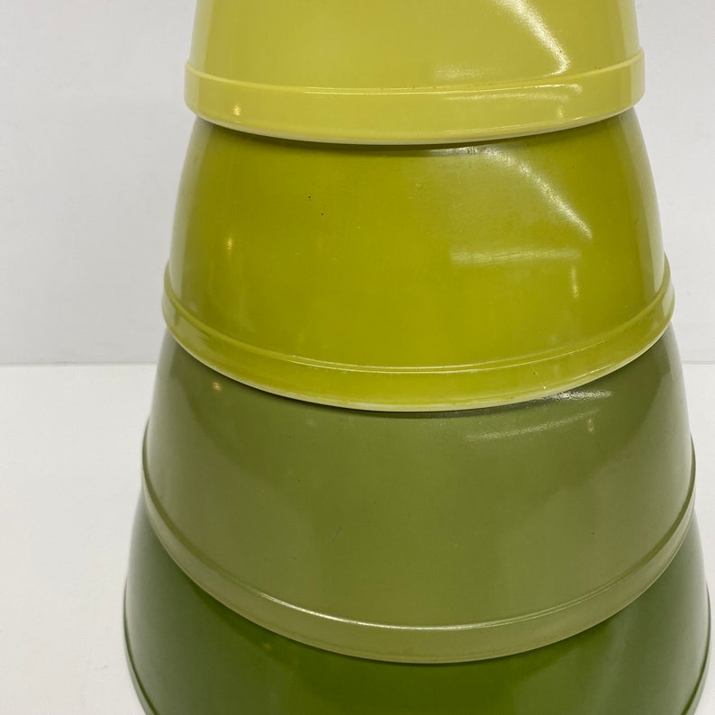 Vintage Pyrex Mixing Bowls Retro 1960s Mid Century Modern Verde Green Ombre Ceramic Set of 4 MCM Kitchen Storage Organization image 2