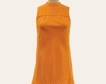 Vintage Kelly Arden Dress Retro 1960s Mid Century Modern + No Size Tag + A-Line + Orange/White + High Neck + Sleeveless + MCM Womens Fashion