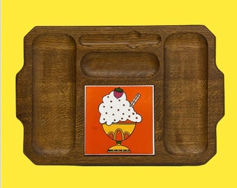 Vintage Serving Tray Retro 1970s Mid Century Modern + Brown Wood + Ice Cream Sundae Tile + Sectioned Areas + Kitchen Decor + MCM Platter