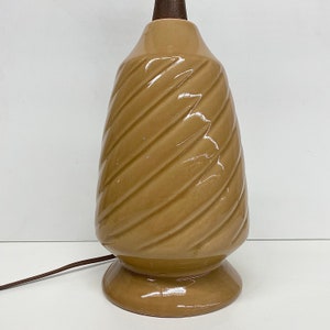 Vintage Table Lamp Retro 1960s Mid Century Modern Brown Ceramic Spiral Design Wood Detailing Mood Lighting MCM Home Decor image 3