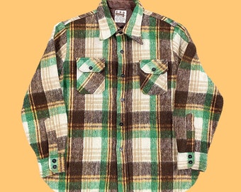 Vintage CPO Montgomery Ward Shacket 1970s Retro Size XL Mens + Green Plaid + L/S + Button Up + Wool and Linen Mix + Unisex Apparel