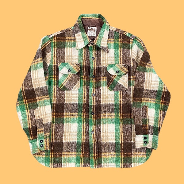 Vintage CPO Montgomery Ward Shacket 1970s Retro Size XL Mens + Green Plaid + L/S + Button Up + Wool and Linen Mix + Unisex Apparel