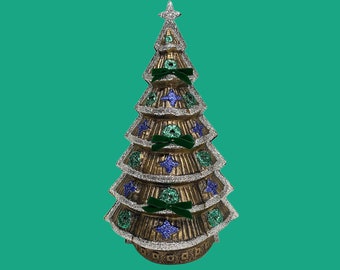 Vintage Christmas Tree Retro 1960s Mid Century Modern + Light Plastic + Hollow + 16" Height + Gold + Glitter + Bows + Xmas Decor + Tabletop