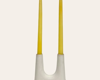 Vintage Ernest Sohn Creations Candlestick Holder Retro 1960s Mid Century Modern + White + Gold + Ceramic + Holds 2 Candles + MCM Home Decor