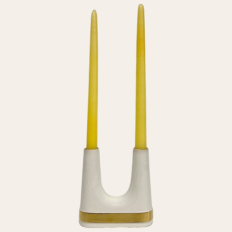 Vintage Ernest Sohn Creations Candlestick Holder Retro 1960s Mid Century Modern White Gold Ceramic Holds 2 Candles MCM Home Decor image 1