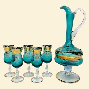 Vintage Murano Decanter and Cordial Glasses Retro 1960s Mid Century Modern + Venetian Italian Glass + Turquoise Blue + 24K Gold + 6 Pieces