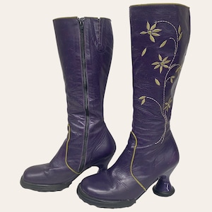 Vintage John Fluevog Heeled Knee High Boots 1990s Retro Womens + No Size Tag + Contemporary/Y2K + Purple Leather + Green Flower Embroidery