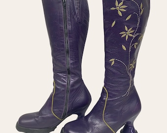 Vintage John Fluevog Heeled Knee High Boots 1990s Retro Womens + No Size Tag + Contemporary/Y2K + Purple Leather + Green Flower Embroidery