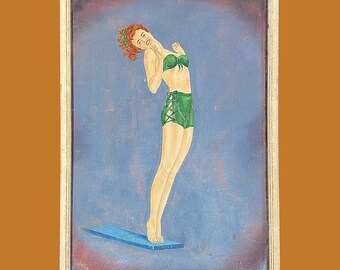 Vintage Portrait Painting 1950s Retro Size 15x11 Mid Century + Woman + Pinup + Bathing Suit + Diving Board + Acrylic + Hard Board + Wall Art