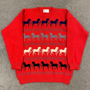 Vintage Wool Sweater Retro 1980s Preppy Horses Horseshoe Red Made in Killarney Ireland NO SIZE L/S Pullover Womens Apparel image 3