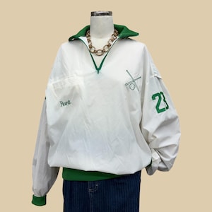 Vintage Windbreaker 1980s Retro Mens Size Large + Birdie By Richard A. Leslie + White and Green + Baseball Theme + Pullover + Zipper Collar