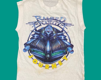 Vintage Journey Graphic Tank 1980s Retro Unisex Size Medium + Raised on Radio + World Tour + White Polyester/Cotton + Signal + Band T-Shirt