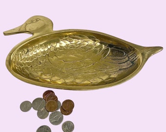 Vintage Brass Trinket Dish Retro 1980s Farmhouse + Duck or Mallard + Gold Metal + Shallow Tray + Loose Change/Ring Dish + Animal Home Decor