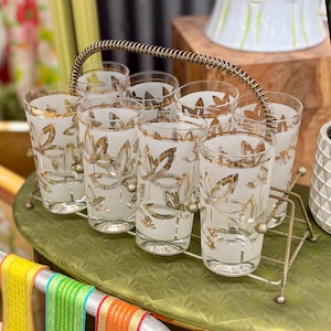 Vintage Libbey Highball Glasses with Carrier Retro 1960s Mid-century Modern + Set of Eight + Gold Leaf Pattern +Frosted + Metal Rack