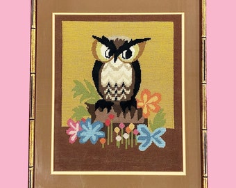 Vintage Owl Needlepoint 1970s Retro Size 26x22 Mid Century Modern + Homemade + Bird w/ Flowers + Embroidery + Fiber Art + Home + Wall Decor