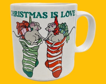 Vintage Christmas is Love Mug Retro 1980s Russ Berrie & Company + Two Mice in Stockings + Ceramic + Xmas Kitchen + Drinking + Mouse Holiday