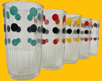 Vintage Hazel Atlas Glasses Retro 1950s Mid Century Modern + Polka Dot + Glass + Set of 5 + Size 1/2 Pint + Kitchen + Drinking + Juice Glass