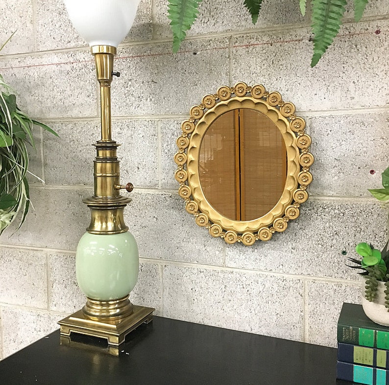 Vintage Wall Mirror 1970s Retro Size 16x14 Gold Plastic Oval Frame With Carved Fl Details Hollywood Regency Decor